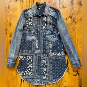 Free People Denim Buttoned Shirt Tunic Dress Western Bandana Pattern Small